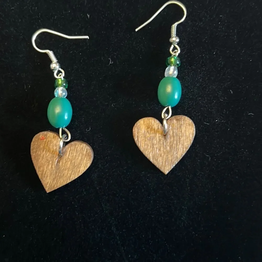 Handcrafted green & clear bead wood earrings with silver tone hardware